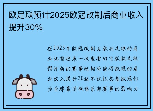 欧足联预计2025欧冠改制后商业收入提升30% 欧足联预计2025欧冠改制后商业收入提升30%